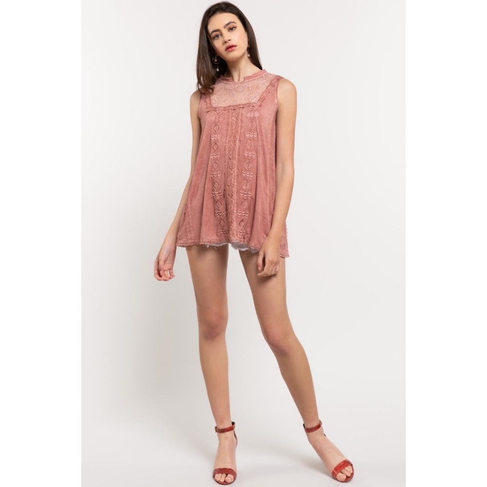 POL Terracotta Sleeveless High Neck Lace & Embroidered Rayon Top - Picture 6 of 8